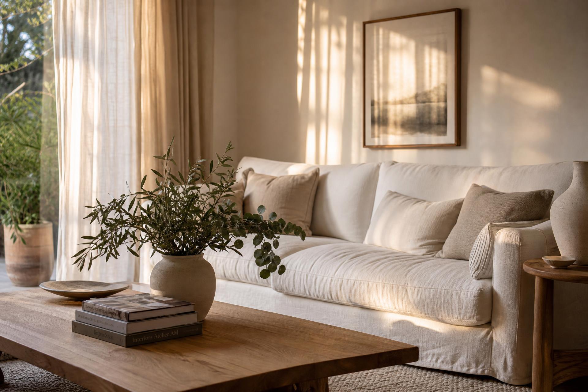 Warm sunlit living room with a linen sofa, oak coffee table, ceramic vase with olive branches, and books